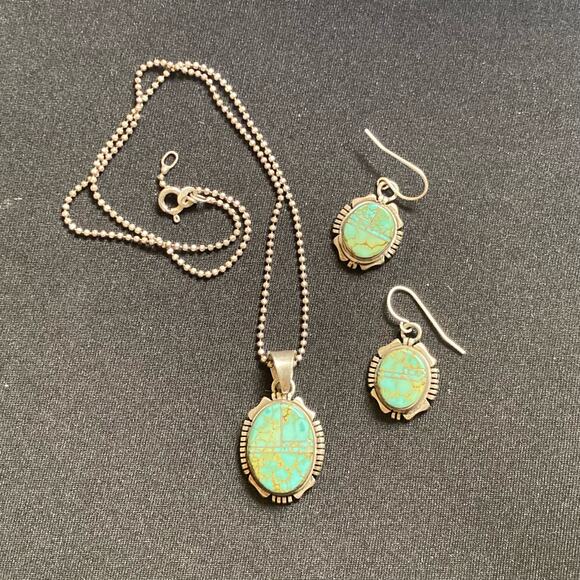 Spider Web Turquoise Sterling Navajo Necklace & Earring Set 925 - Picture 1 of 15